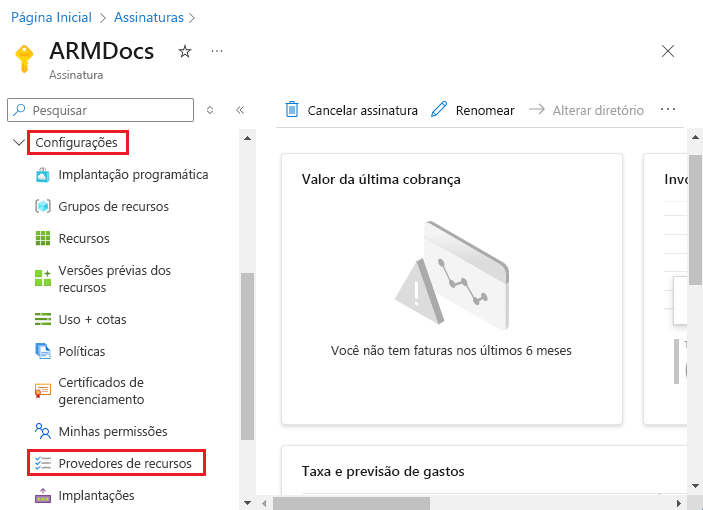 Captura de tela da seleção de provedores de recursos no portal do Azure.