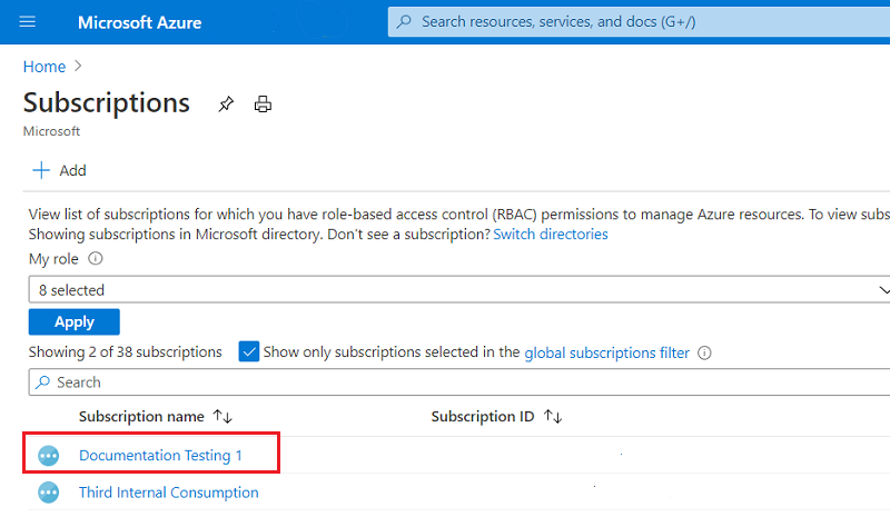 Captura de tela do portal do Azure em um navegador da Web mostrando a seleção de assinaturas.