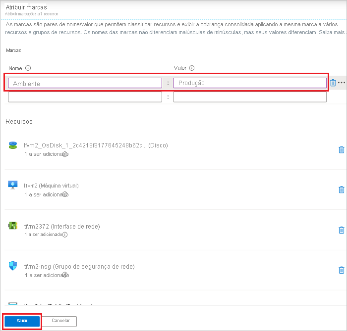 Captura de tela do portal do Azure com a caixa de diálogo Atribuir Tags aberta para diversos recursos.