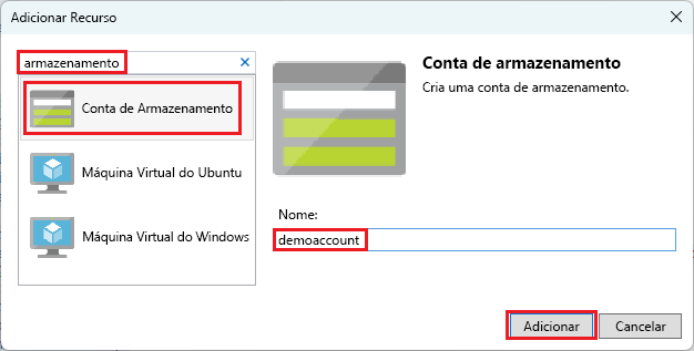 Captura de tela da janela Adicionar novo recurso com a conta de armazenamento selecionada.