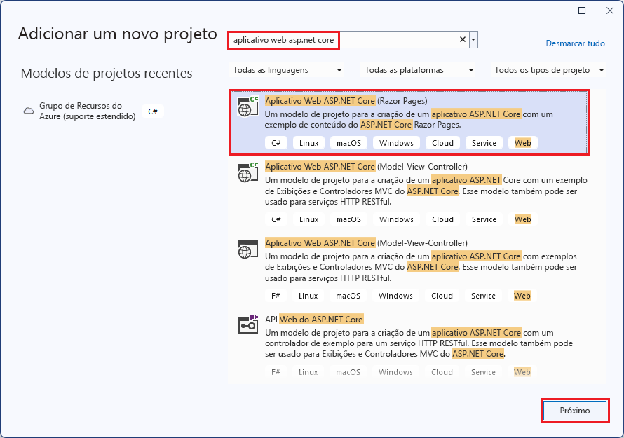 Captura de tela da janela Novo projeto com o aplicativo Web ASP.NET Core selecionado.