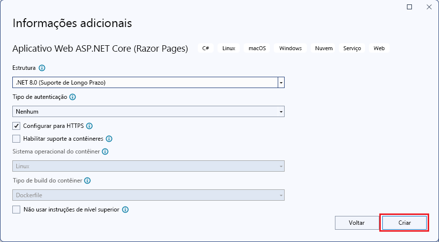 Captura de tela da janela Novo aplicativo Web ASP.NET Core com o aplicativo Web selecionado.