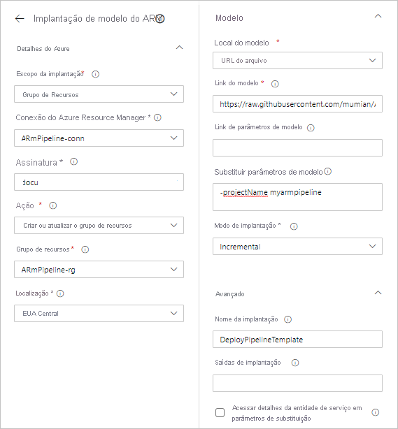 Screenshot of the ARM template deployment page with required values entered for Azure DevOps Azure Pipelines.