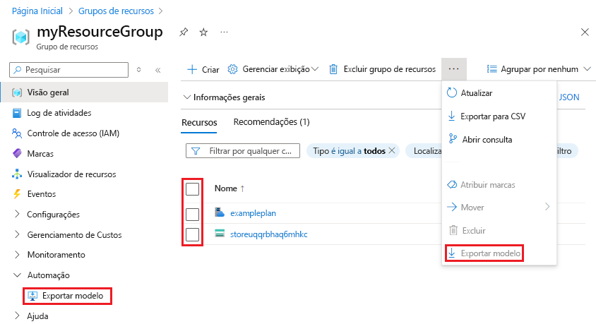 Captura de tela da seleção de todos os recursos para exportação no portal do Azure.