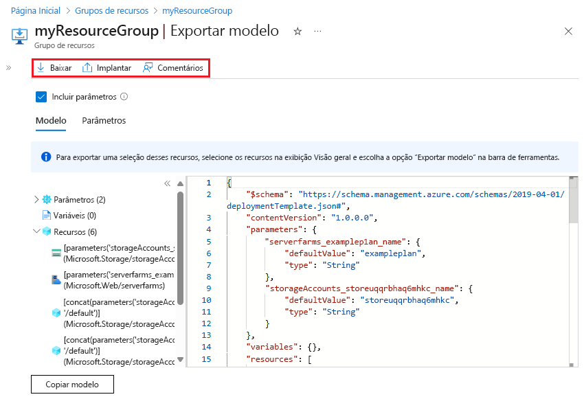 Captura de tela do modelo exportado exibido no portal do Azure.