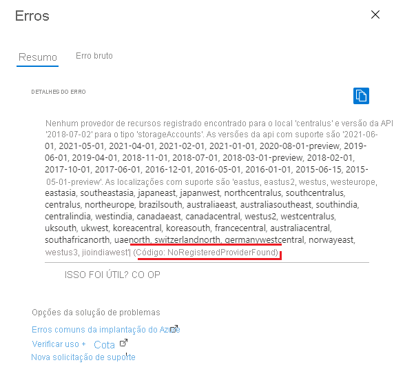 Captura de tela de um resumo de erros de implantação no portal do Azure, mostrando a mensagem de erro e o código de erro NoRegisteredProviderFound.