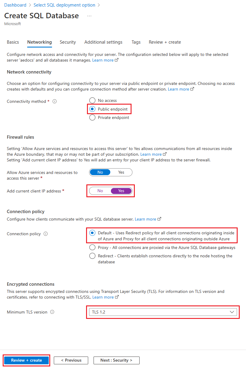 Captura de tela da guia de rede Banco de Dados SQL do portal do Azure.