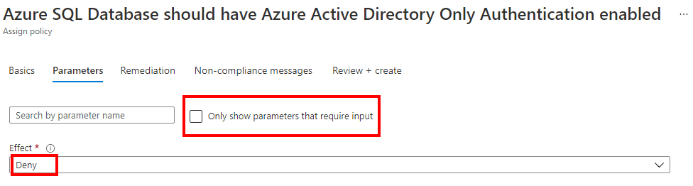 Captura de tela do parâmetro de efeito do Azure Policy para autenticação somente do Azure AD.