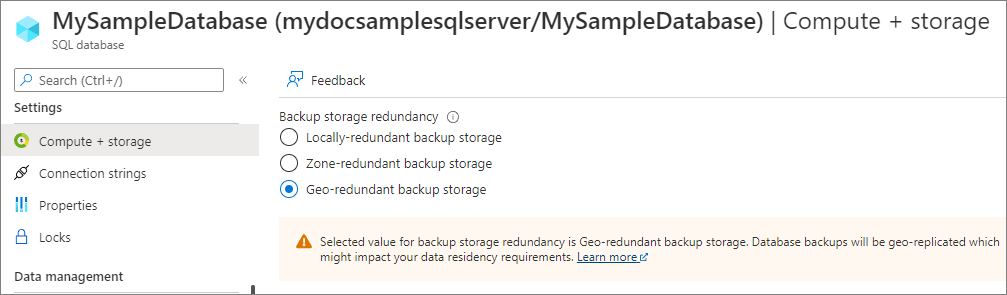 Captura de tela do portal do Azure que mostra a seção em que você pode alterar a redundância de armazenamento de backup dos bancos de dados existentes.