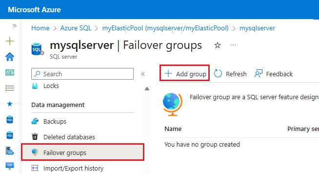 Captura de tela da página de grupos de failover no portal do Azure.