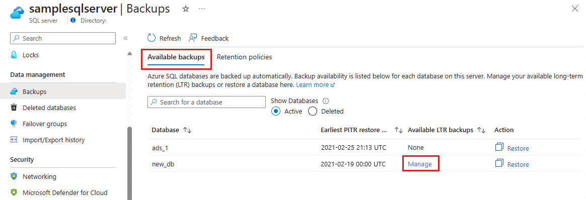 Captura de tela do portal do Azure, mostrando os backups disponíveis.