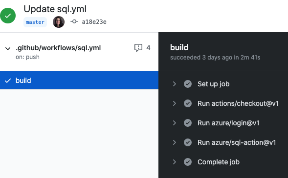 Log das GitHub Actions executadas