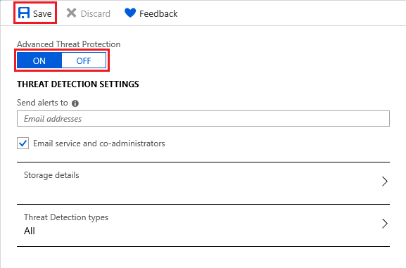 Captura de tela do painel navegação do portal do Azure para configurações de detecção de ameaças.