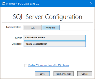 Captura de tela do aplicativo do agente cliente Sincronização de Dados do SQL da Microsoft 2.0. Adicione e configure um banco de dados do SQL Server.