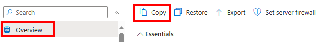 Captura de tela do menu de cópia de banco de dados do portal do Azure.