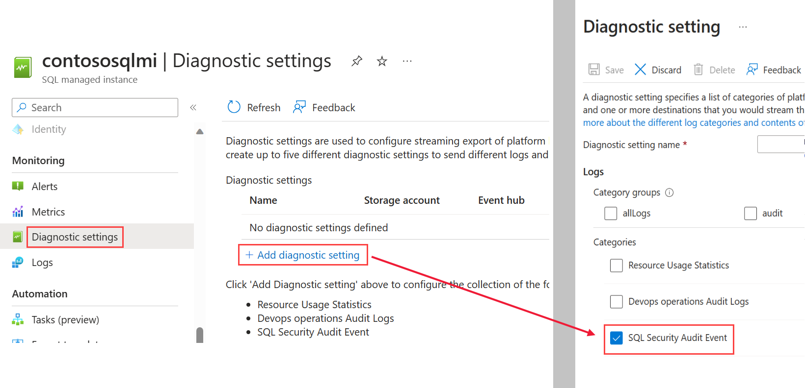 Captura de tela mostrando como definir as configurações de diagnóstico.