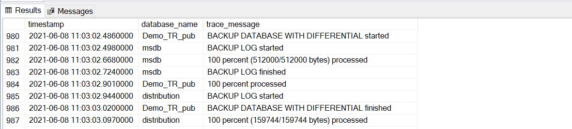 Saída do XEvent mostrando backups diferenciais