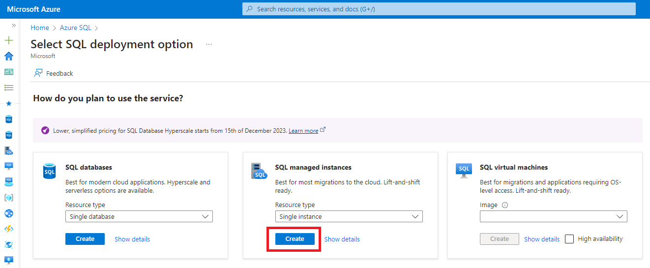 Captura de tela da página de implantação do SQL selecionada no portal do Azure.