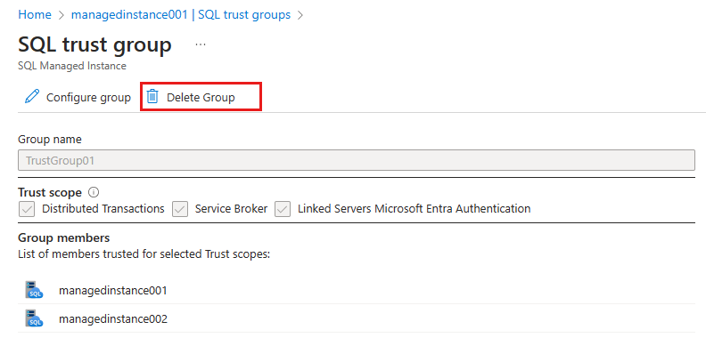 A captura de tela mostra um grupo de confiança do SQL com Excluir grupo realçado.