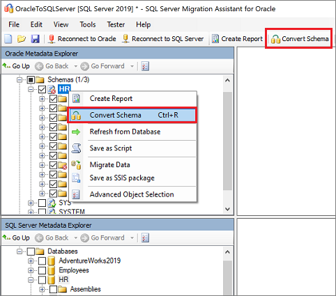 Captura de tela que mostra como converter o esquema.