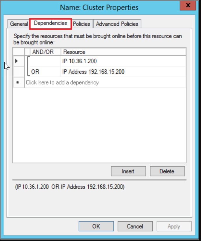 Captura de tela da caixa de diálogo Propriedades do Cluster que mostra as seleções usadas para adicionar uma dependência.