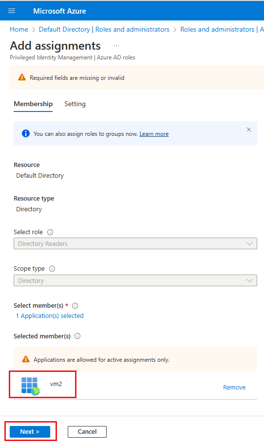 Captura de tela da página Adicionar atribuição no portal do Azure, com a VM2 adicionada como uma atribuição.