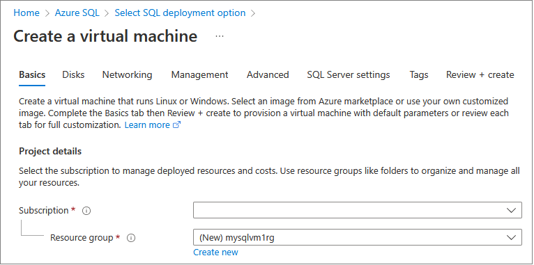 Captura de tela do portal do Azure da página Criar uma máquina virtual, começando com o campo Assinatura.