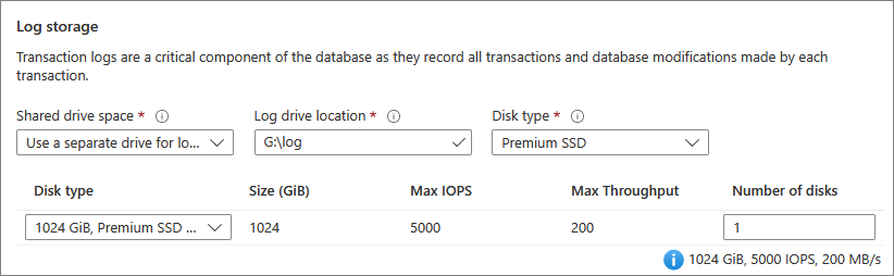 Captura de tela que mostra onde você pode configurar o armazenamento de log de transações para a VM do SQL.