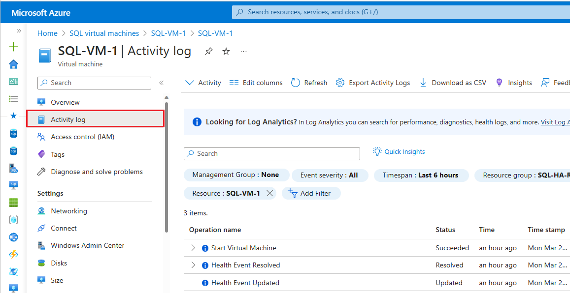 Captura de tela do portal do Azure mostrando os Logs de atividade. 