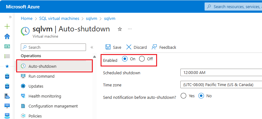 Captura de tela do painel de desligamento automático da máquina virtual no portal do Azure.