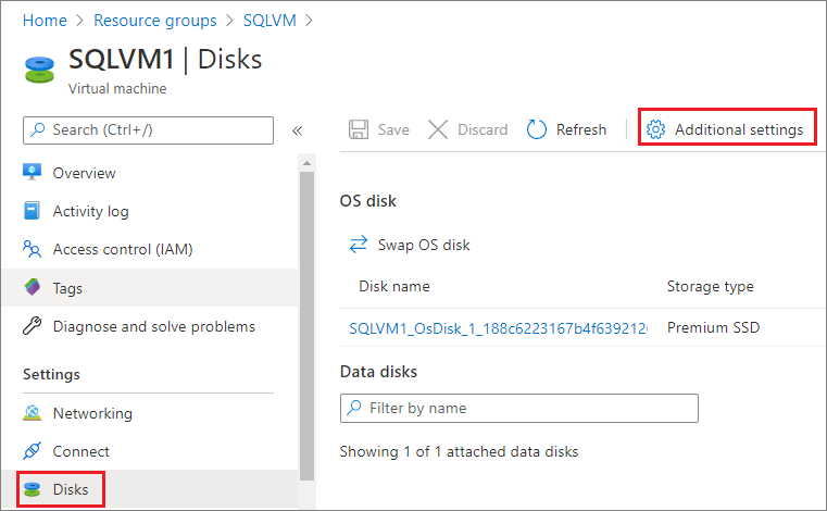 Selecionar configurações adicionais para Discos em Configurações no portal do Azure