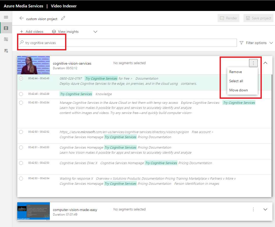 A captura de tela mostra a pesquisa de vídeos que dizem Experimentar os serviços de IA do Azure