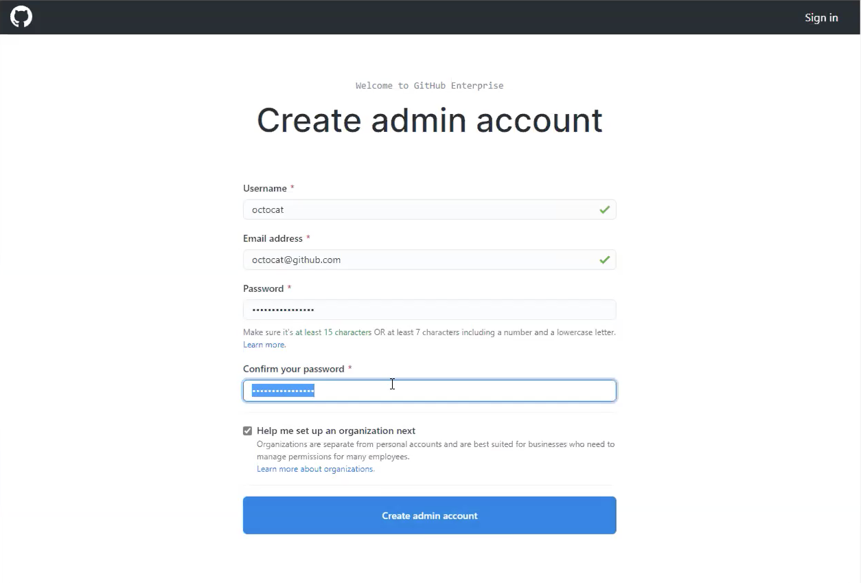 Captura de tela que mostra a página Criar conta de administrador para o GitHub Enterprise.