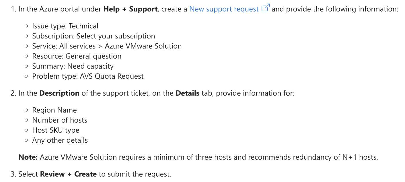 Captura de tela da descrição da solicitação de cota para a Solução VMware no Azure existente.