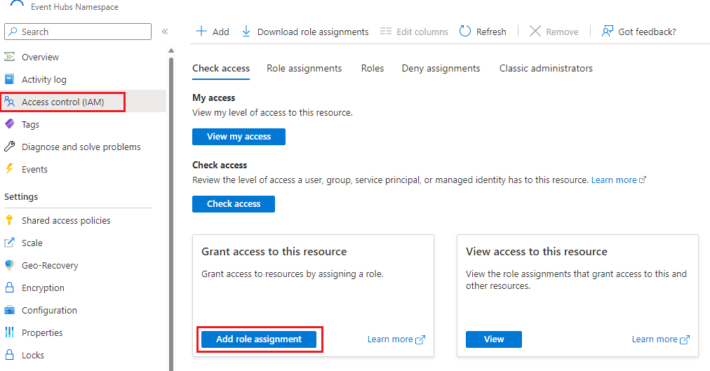 Captura de tela da concessão de acesso ao namespace dos Hubs de Eventos