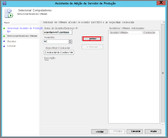 Screenshot showing the Production Server Addition Wizard showing the VMware vCenter Server and credentials defined.