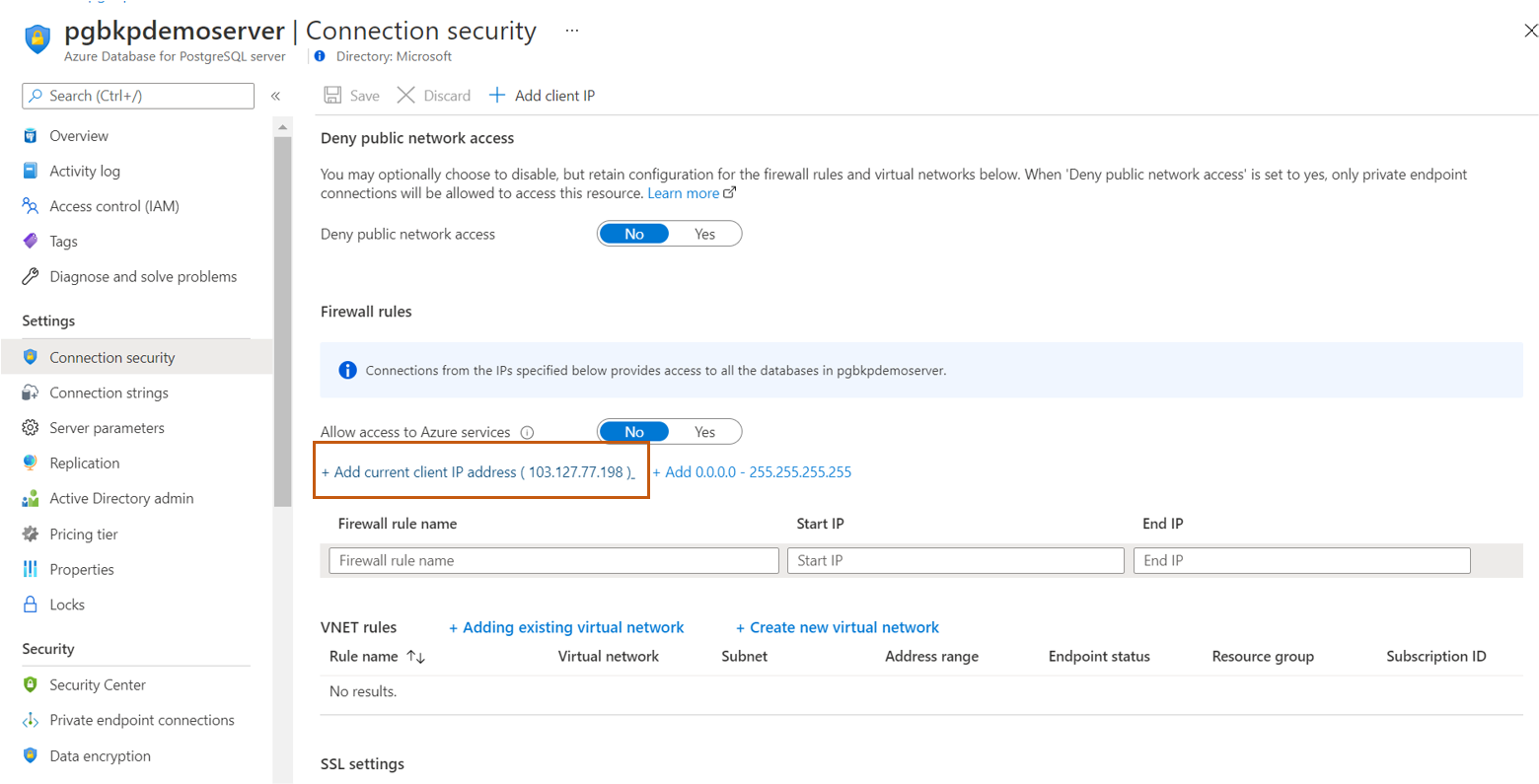 Captura de tela mostrando o processo para adicionar o endereço de ID do cliente atual às regras de Firewall.