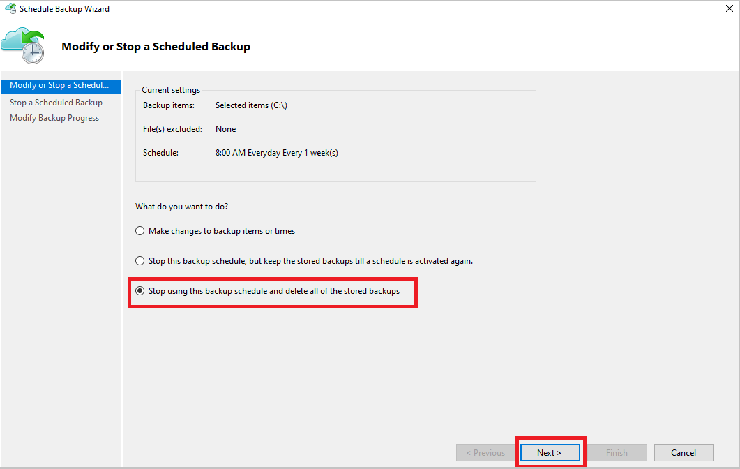 Captura de tela que mostra como modificar um agendamento de backup.