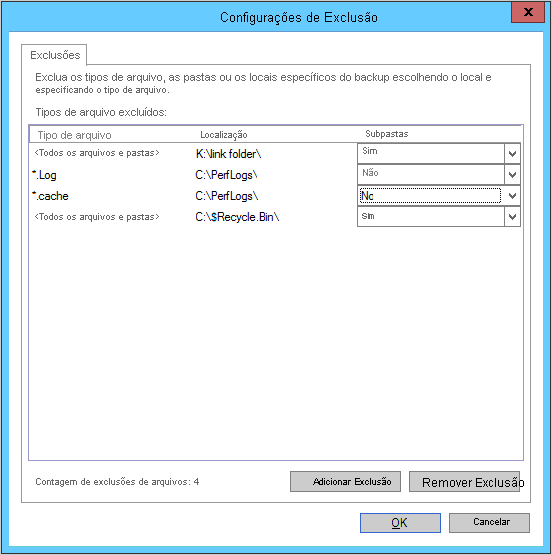 Captura de tela que mostra como selecionar tipos de subpasta.