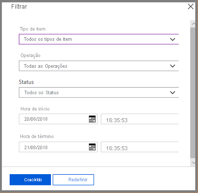 O menu Filtro é aberto para os trabalhos de backup