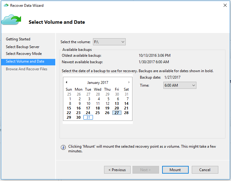 Captura de tela da página Selecionar Volume e Data do Assistente para Recuperar Dados (restaurar no computador alternativo)