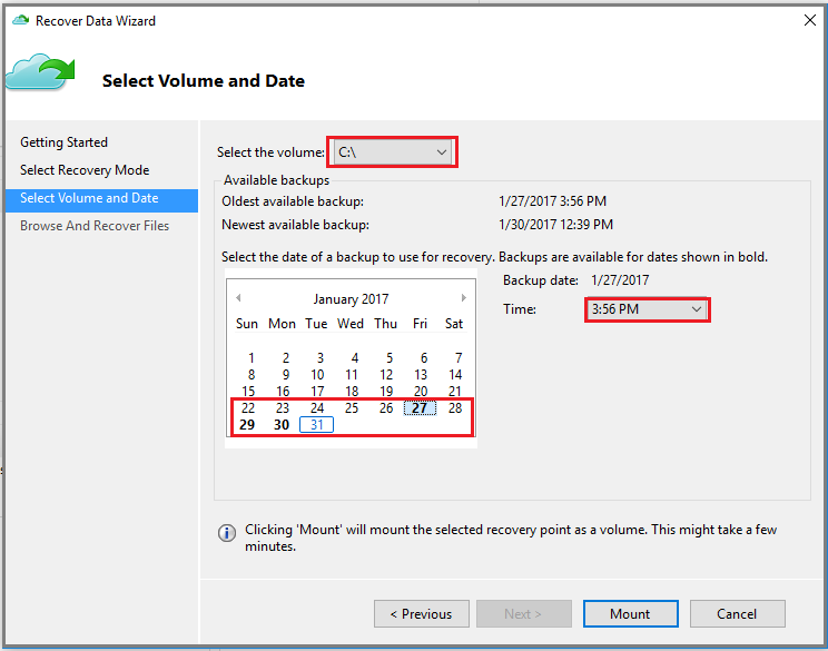 Captura de tela da página Selecionar Volume e Data do Assistente para Recuperar Dados (restaurar no mesmo computador)