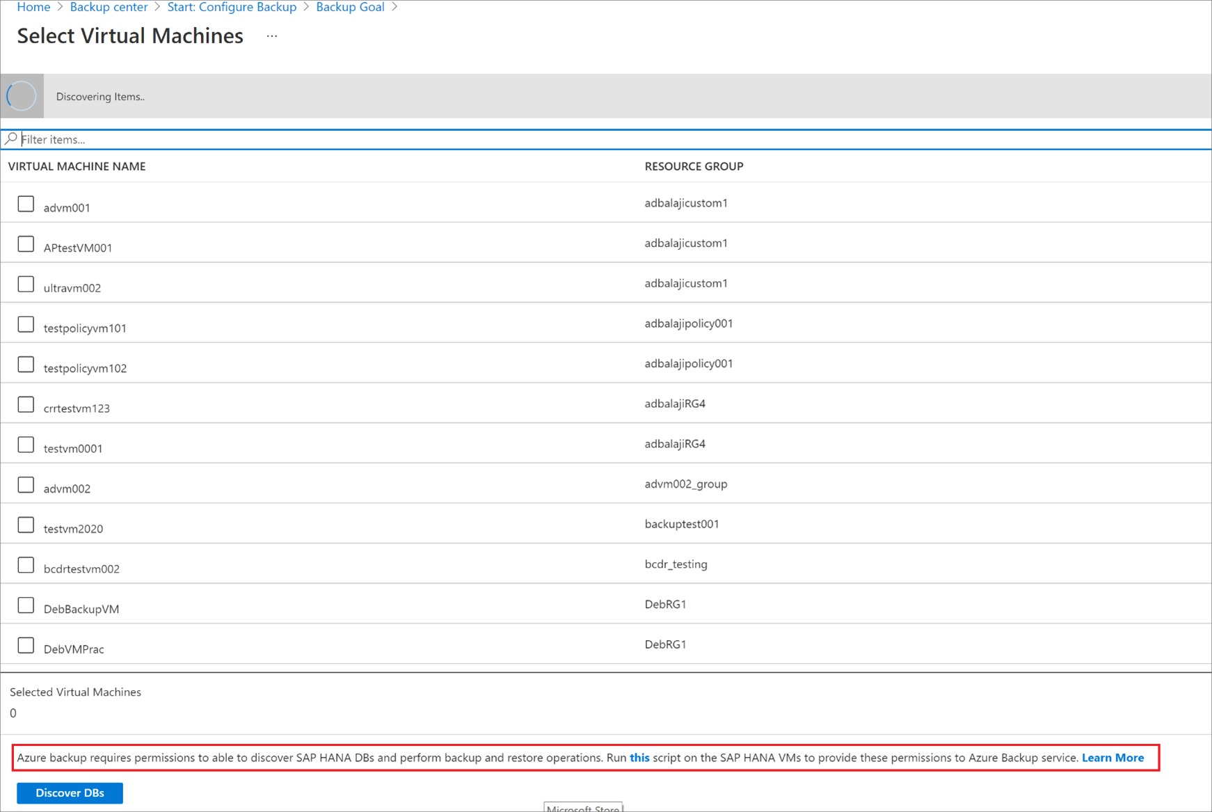 Captura de tela mostrando os bancos de SAP HANA descobertos.