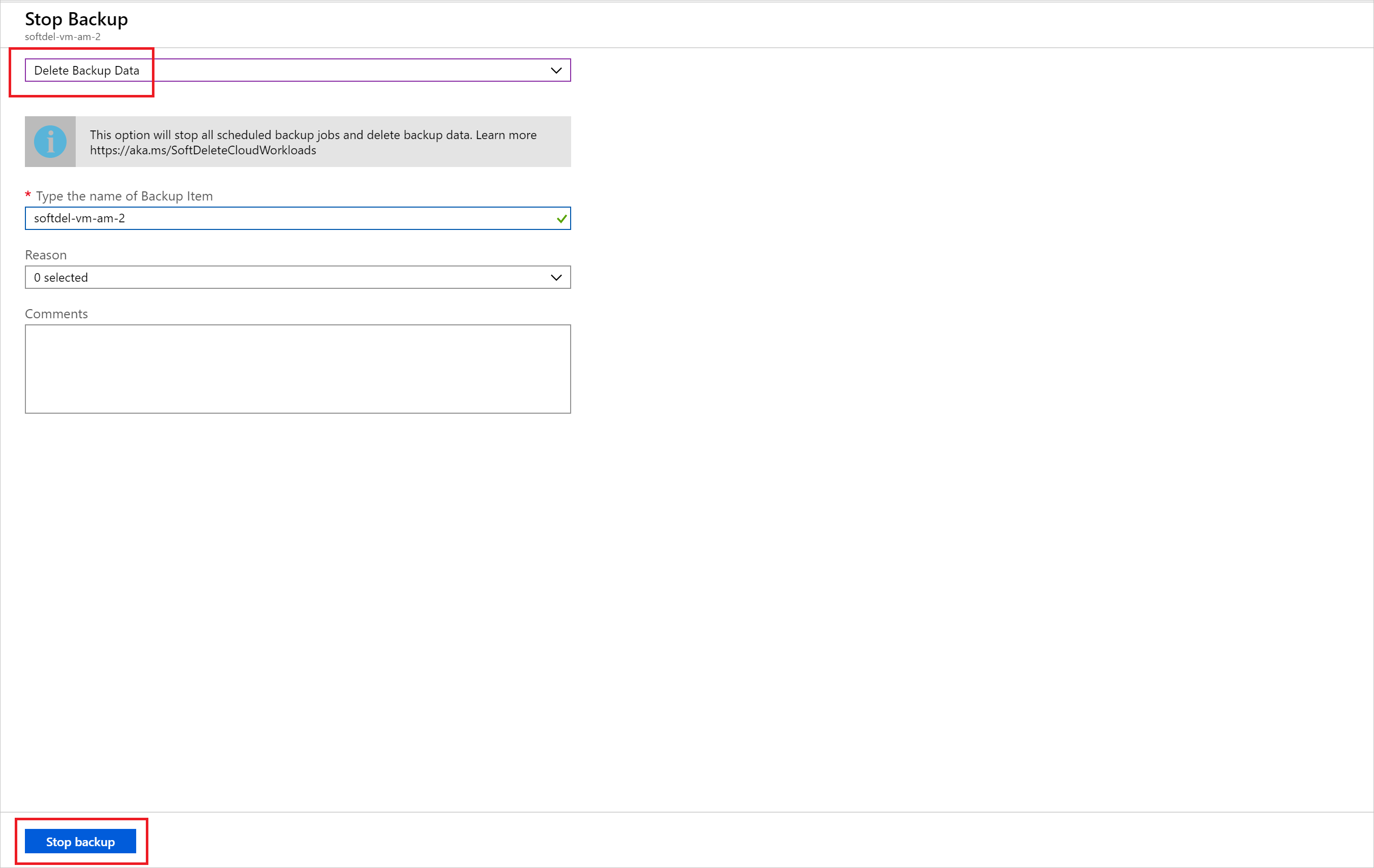 Captura de tela de portal do Azure, tela Interromper Backup