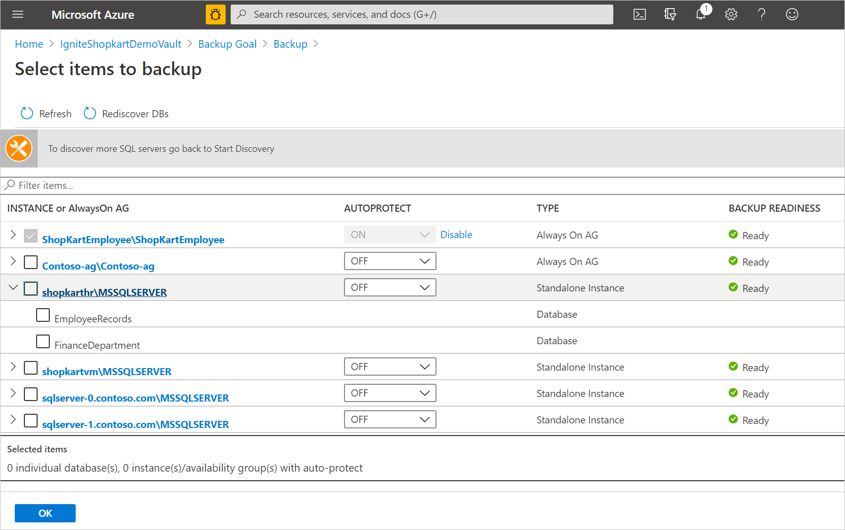 Selecionar os itens para backup