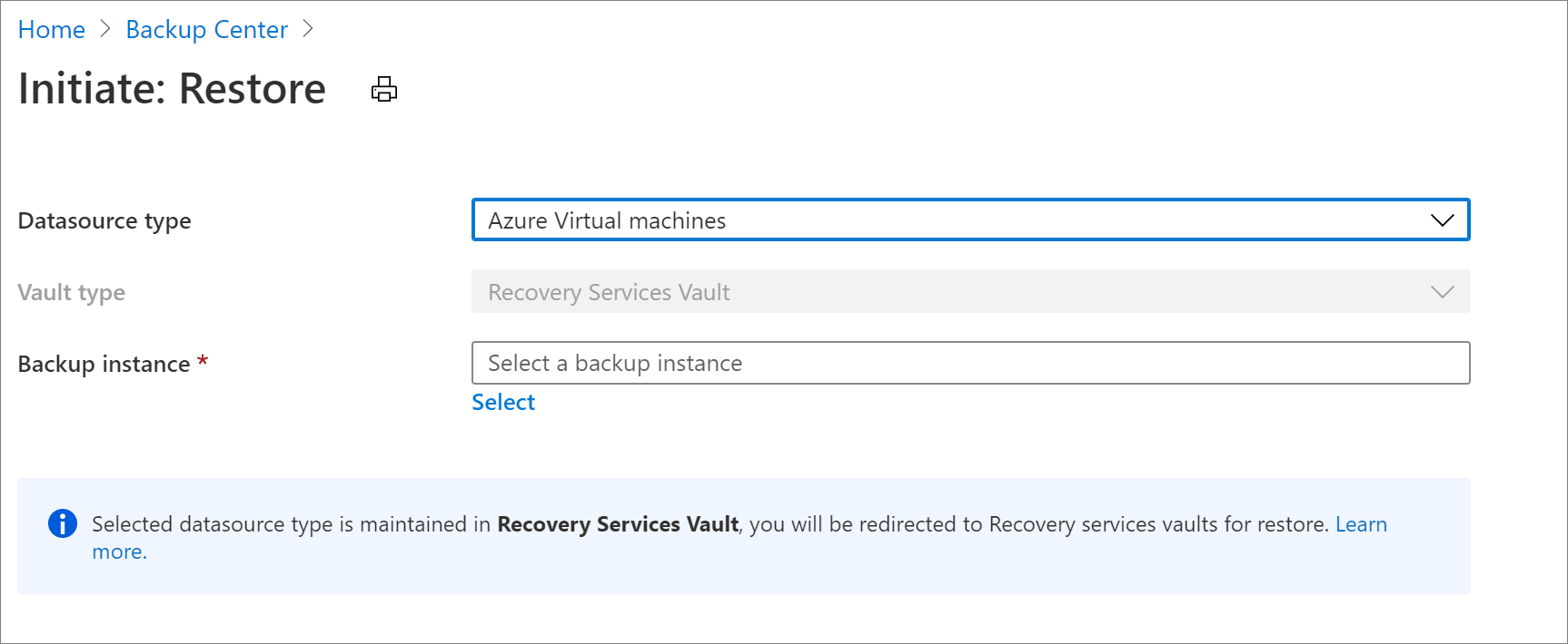 Selecionar a fonte de dados para restauração da VM