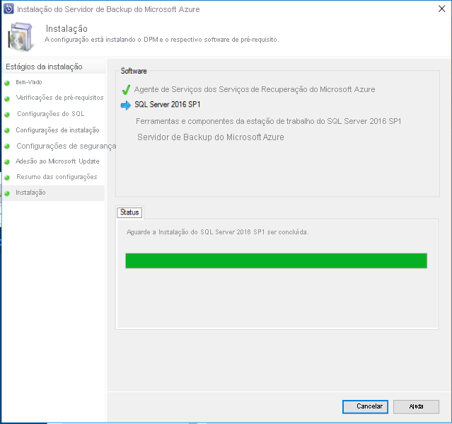 A instalação instala o SQL e o Servidor de Backup do Azure