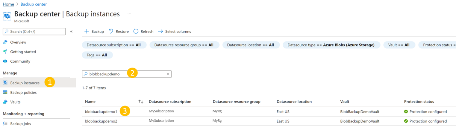 Local da conta de armazenamento por meio do Centro de Backup