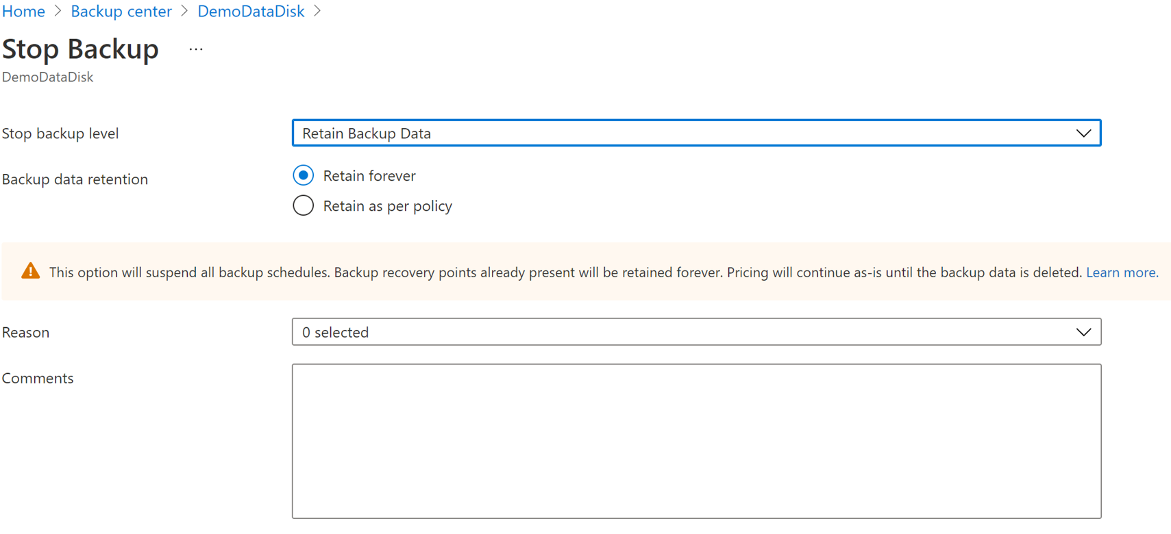 Captura de tela mostrando as opções para interromper a proteção da instância de backup de disco.