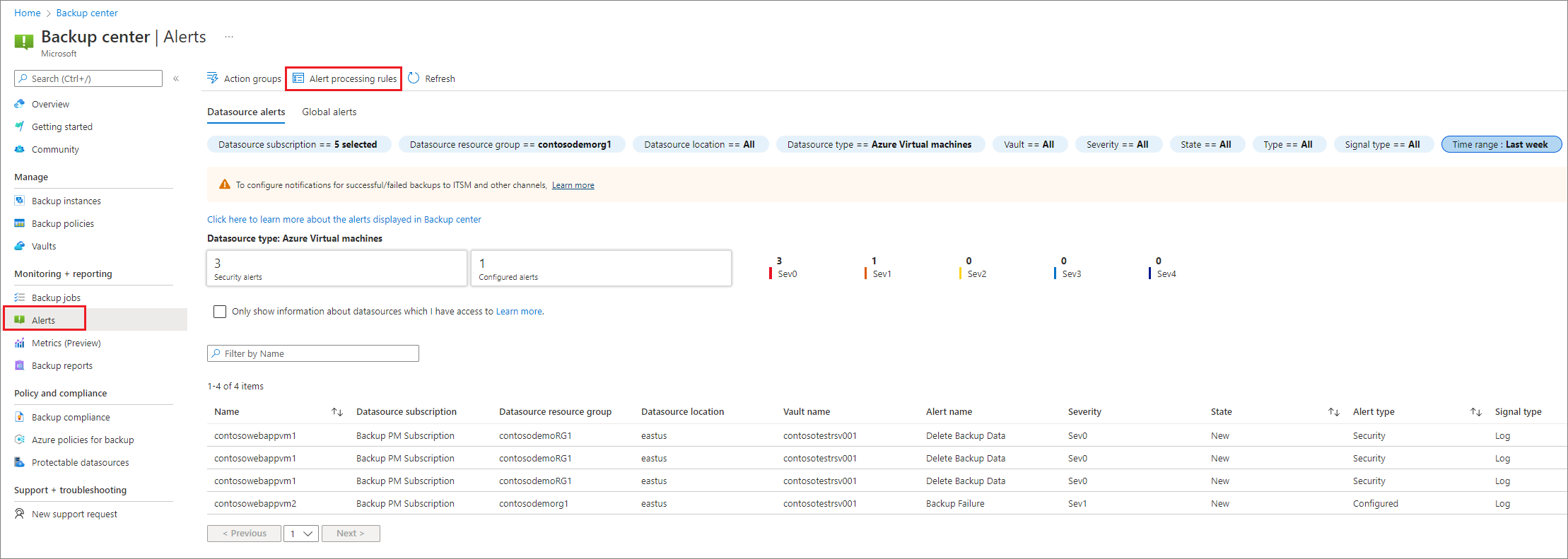 Captura de tela mostrando a folha das regras de processamento de alertas no portal.